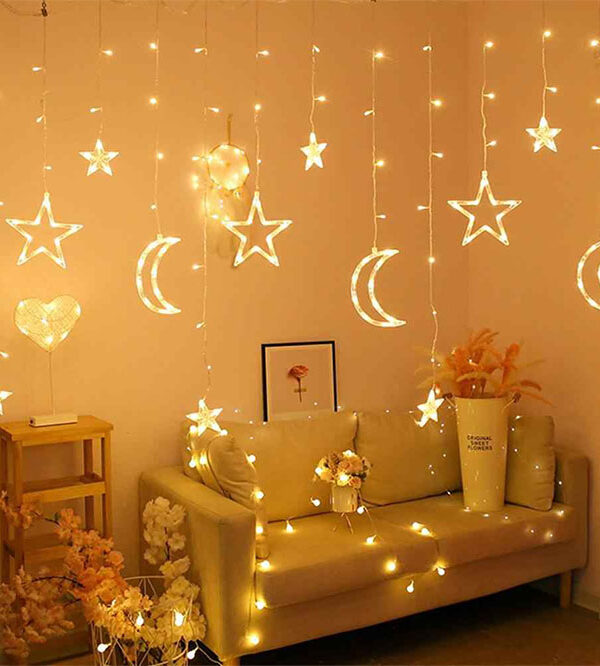 2.5M Length LED Moon Star Curtain Light For Ramzan and Eid Decoration, Party Decoration 138 LED Fairy Lights 8 Lighting Modes