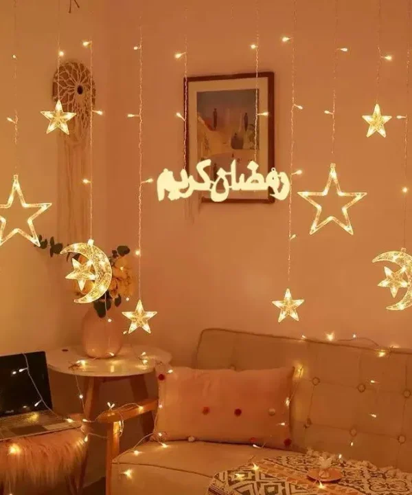 Ramzan Kareem Curtain Light with Moon & Star – Islamic LED Hanging Curtain Lights for Home, Wall, Window & Balcony Decoration